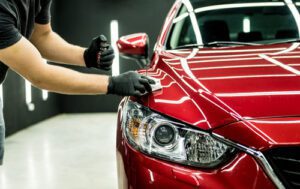 Car service worker applying nano ceramic coatings on a car detail